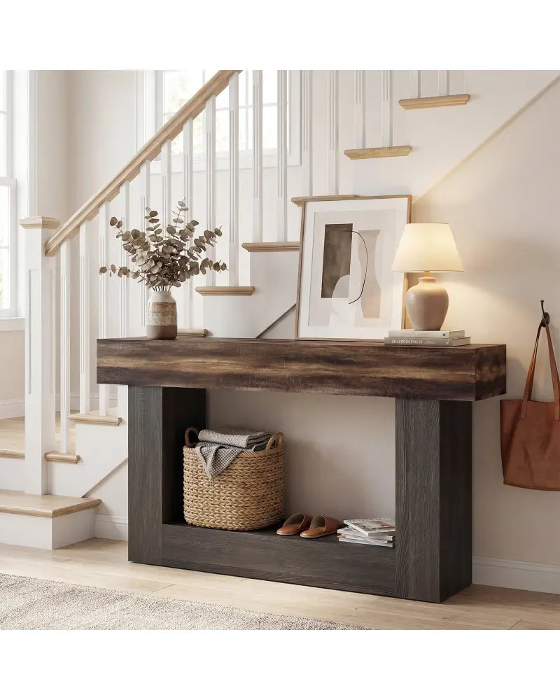 2-Tier Farmhouse Console Table 63’’ Long with Storage Shelf-Rustic Brown - Rustic Brown - Console Tables
