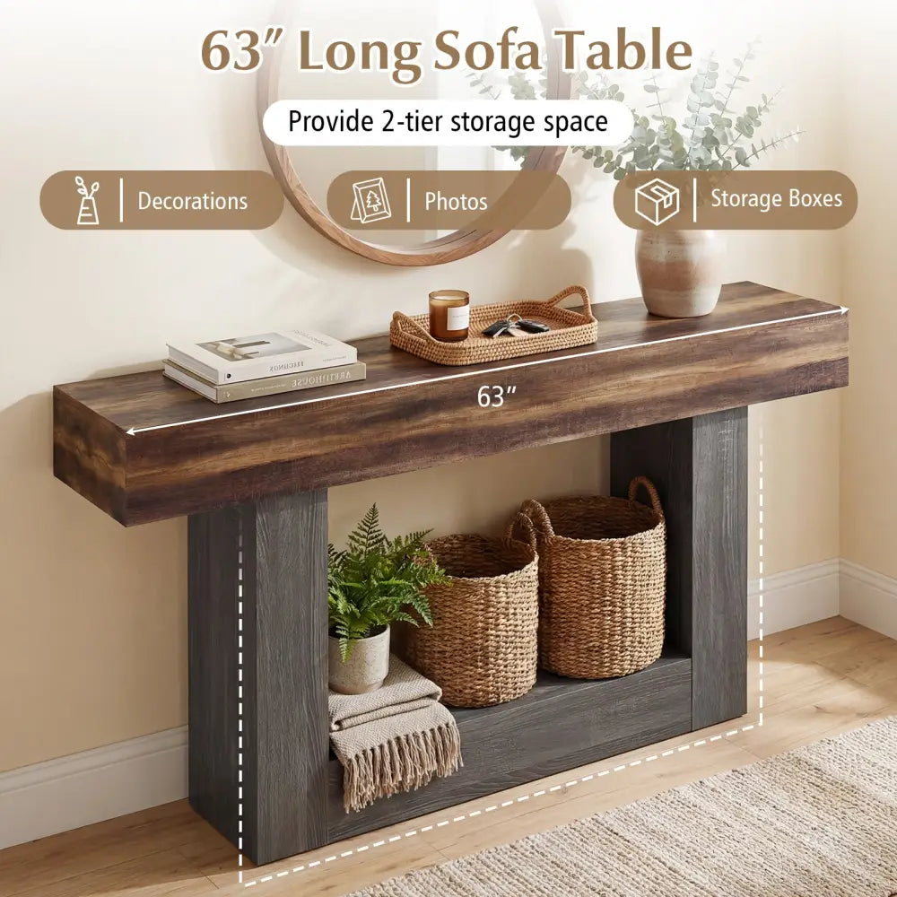2-Tier Farmhouse Console Table 63’’ Long with Storage Shelf-Rustic Brown - Rustic Brown - Console Tables