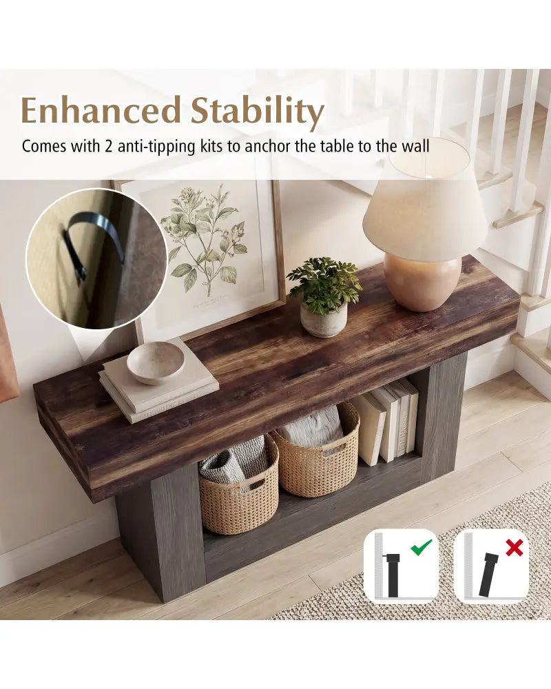 2-Tier Farmhouse Console Table 63’’ Long with Storage Shelf-Rustic Brown - Rustic Brown - Console Tables