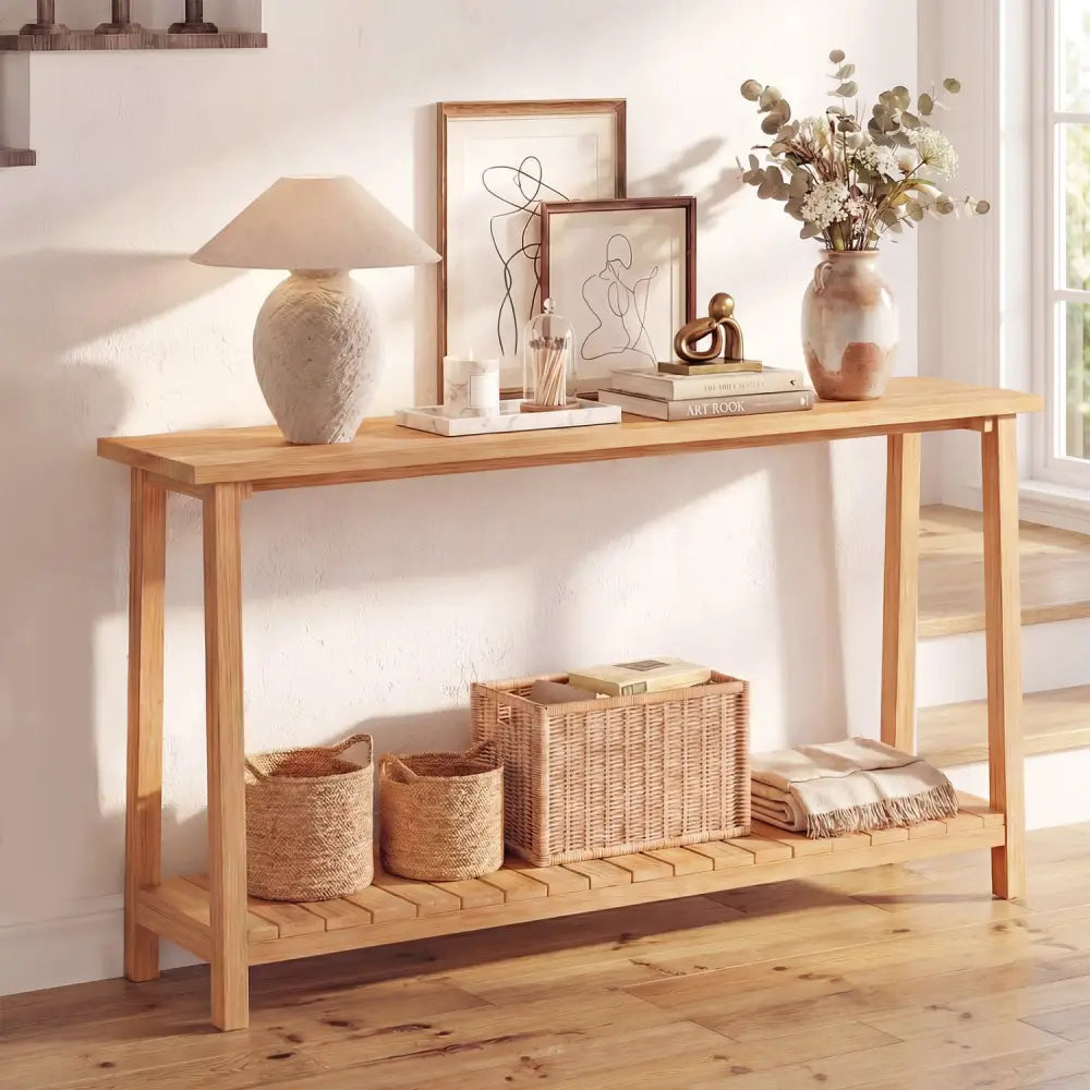 2-Tier Farmhouse Sofa Table with Teak Wood Frame and Storage Shelf - Console Tables