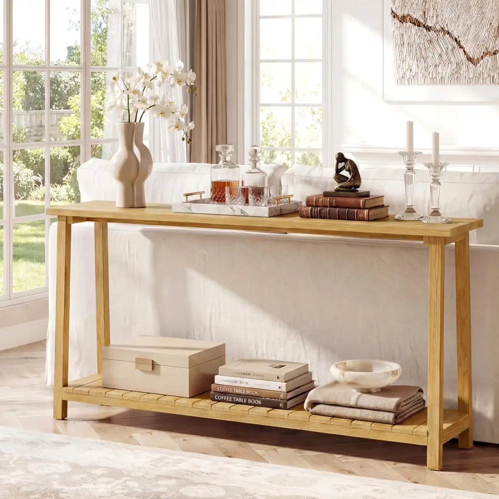 2-Tier Farmhouse Sofa Table with Teak Wood Frame and Storage Shelf - Console Tables