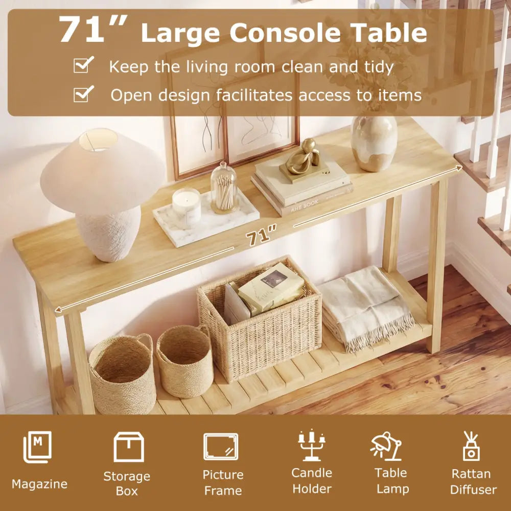 2-Tier Farmhouse Sofa Table with Teak Wood Frame and Storage Shelf - Console Tables