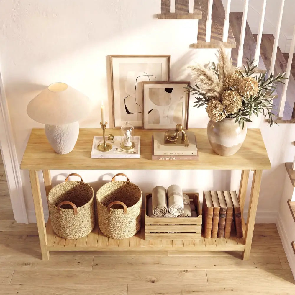 2-Tier Farmhouse Sofa Table with Teak Wood Frame and Storage Shelf - Console Tables