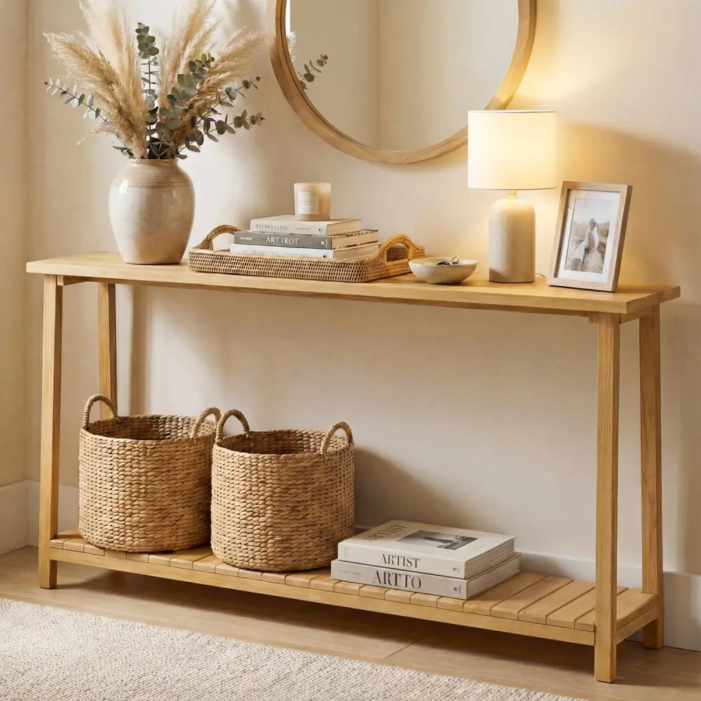 2-Tier Farmhouse Sofa Table with Teak Wood Frame and Storage Shelf - Console Tables