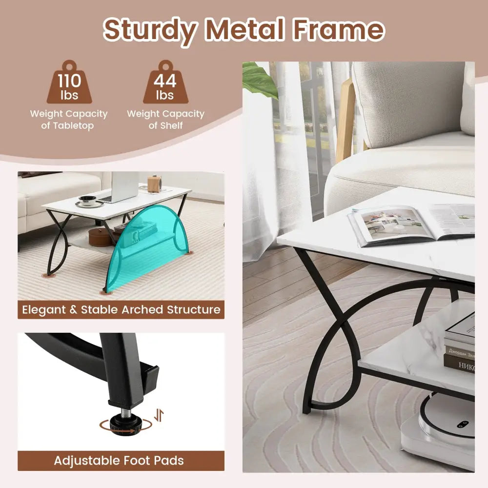 2-Tier Faux Marble Coffee Table with Marble Top and Metal Frame-Black & White - Black & White - Coffee Tables