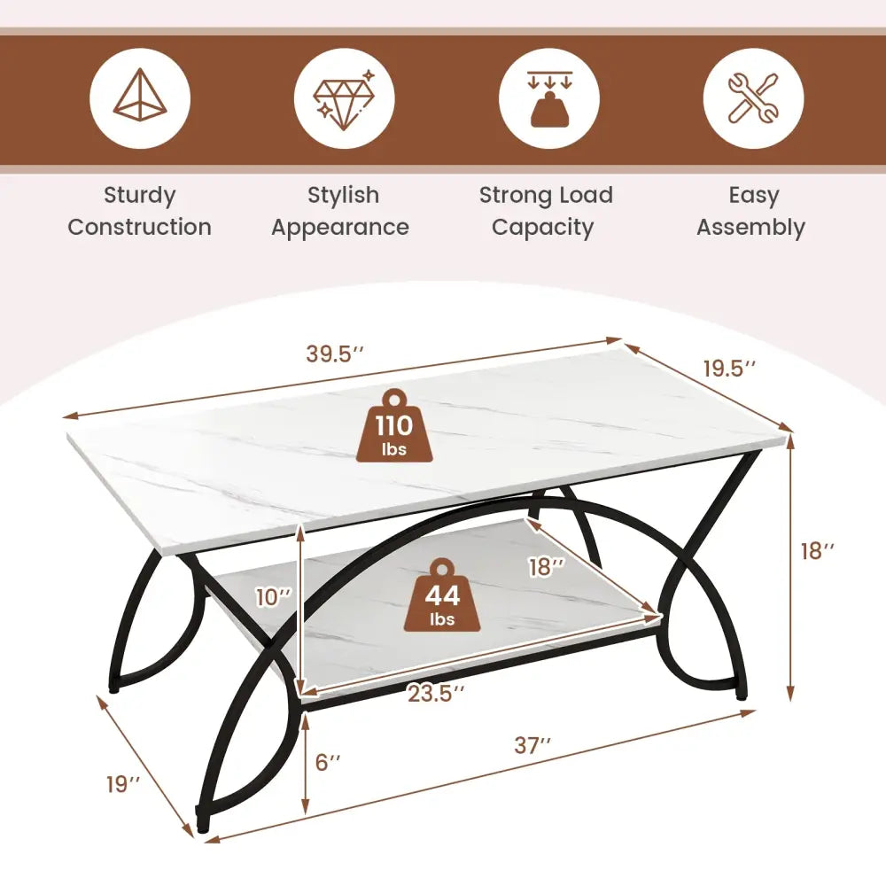 2-Tier Faux Marble Coffee Table with Marble Top and Metal Frame-Black & White - Black & White - Coffee Tables