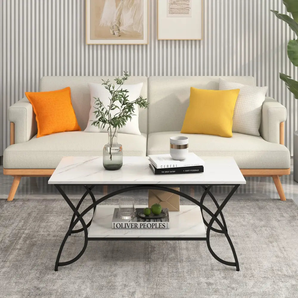 2-Tier Faux Marble Coffee Table with Marble Top and Metal Frame-Black & White - Black & White - Coffee Tables