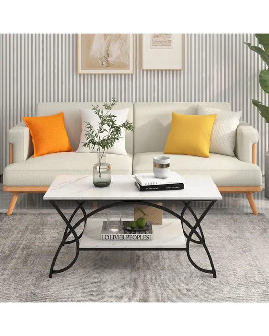 2-Tier Faux Marble Coffee Table with Marble Top and Metal Frame-Black & White - Black & White - Coffee Tables