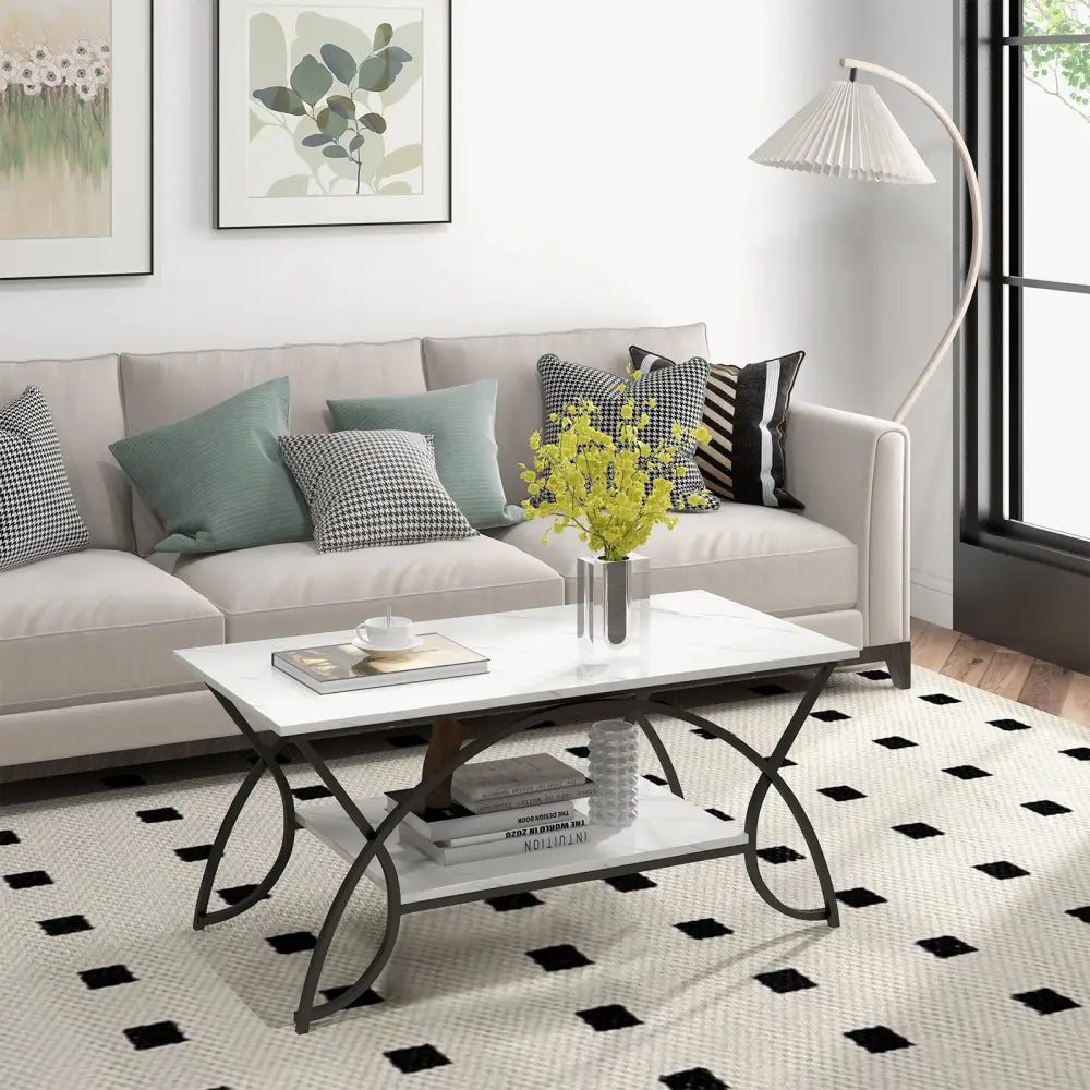 2-Tier Faux Marble Coffee Table with Marble Top and Metal Frame-Black & White - Black & White - Coffee Tables