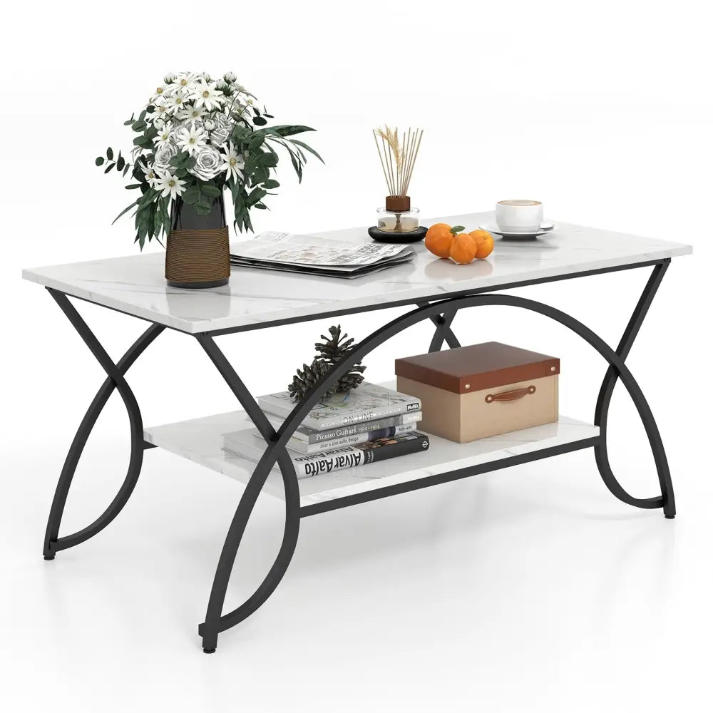2-Tier Faux Marble Coffee Table with Marble Top and Metal Frame-Black & White - Black & White - Coffee Tables