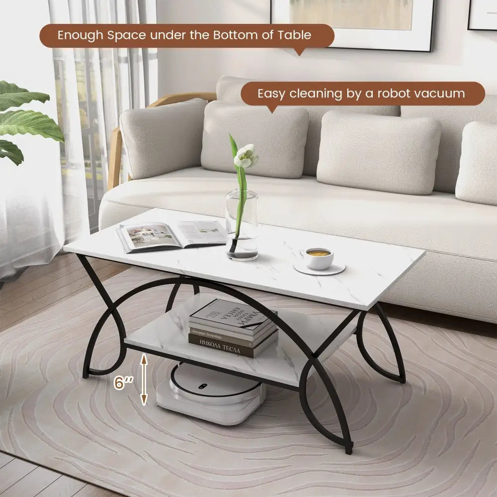2-Tier Faux Marble Coffee Table with Marble Top and Metal Frame-Black & White - Black & White - Coffee Tables