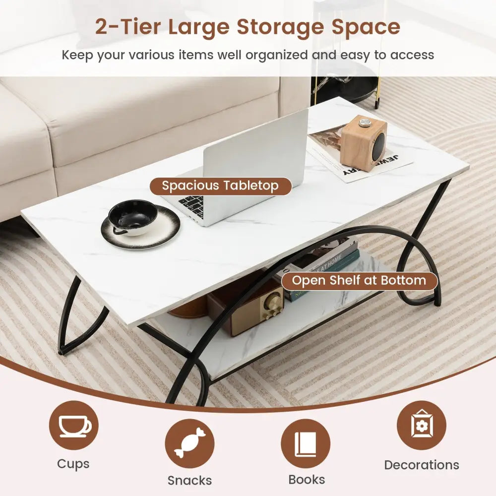 2-Tier Faux Marble Coffee Table with Marble Top and Metal Frame-Black & White - Black & White - Coffee Tables