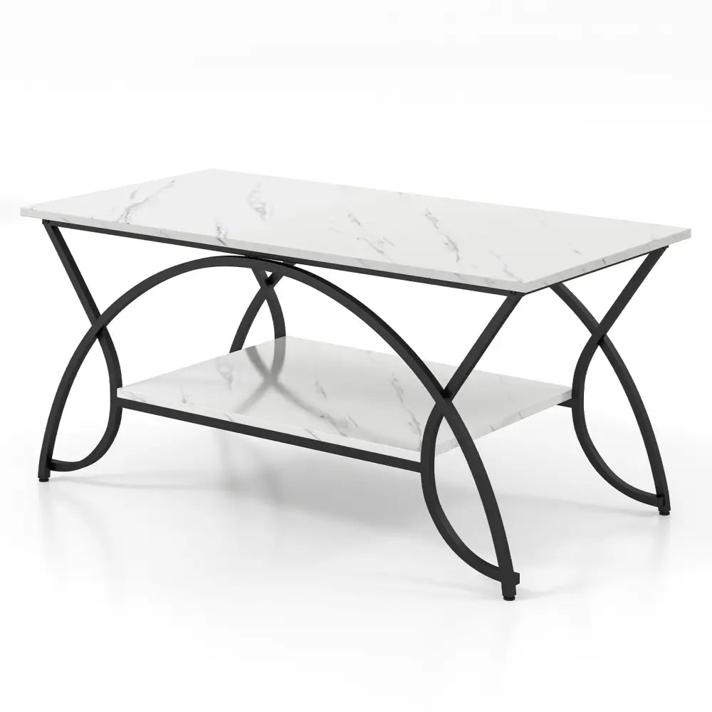 2-Tier Faux Marble Coffee Table with Marble Top and Metal Frame-Black & White - Black & White - Coffee Tables
