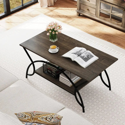 2-Tier Faux Marble Coffee Table with Marble Top and Metal Frame-Oak Costway