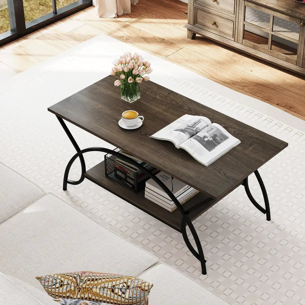 2-Tier Faux Marble Coffee Table with Marble Top and Metal Frame-Oak Costway