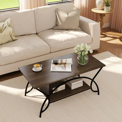 2-Tier Faux Marble Coffee Table with Marble Top and Metal Frame-Oak Costway