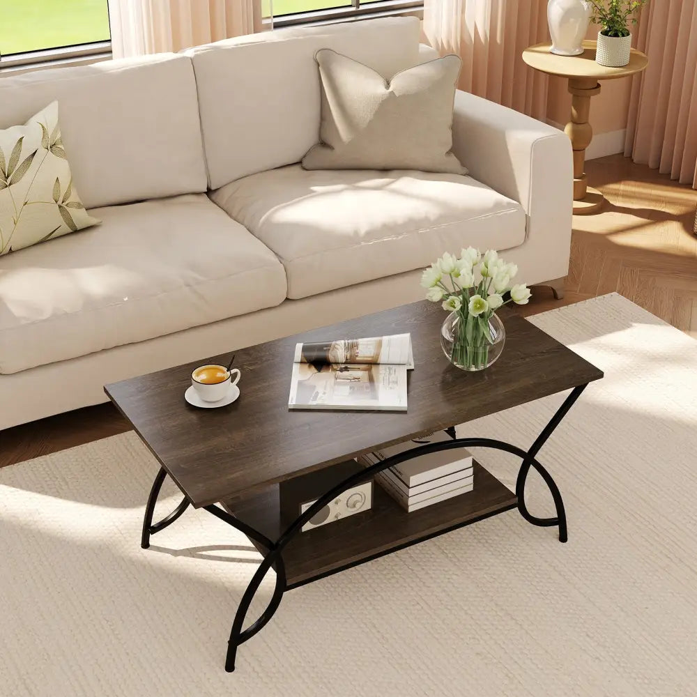 2-Tier Faux Marble Coffee Table with Marble Top and Metal Frame-Oak Costway