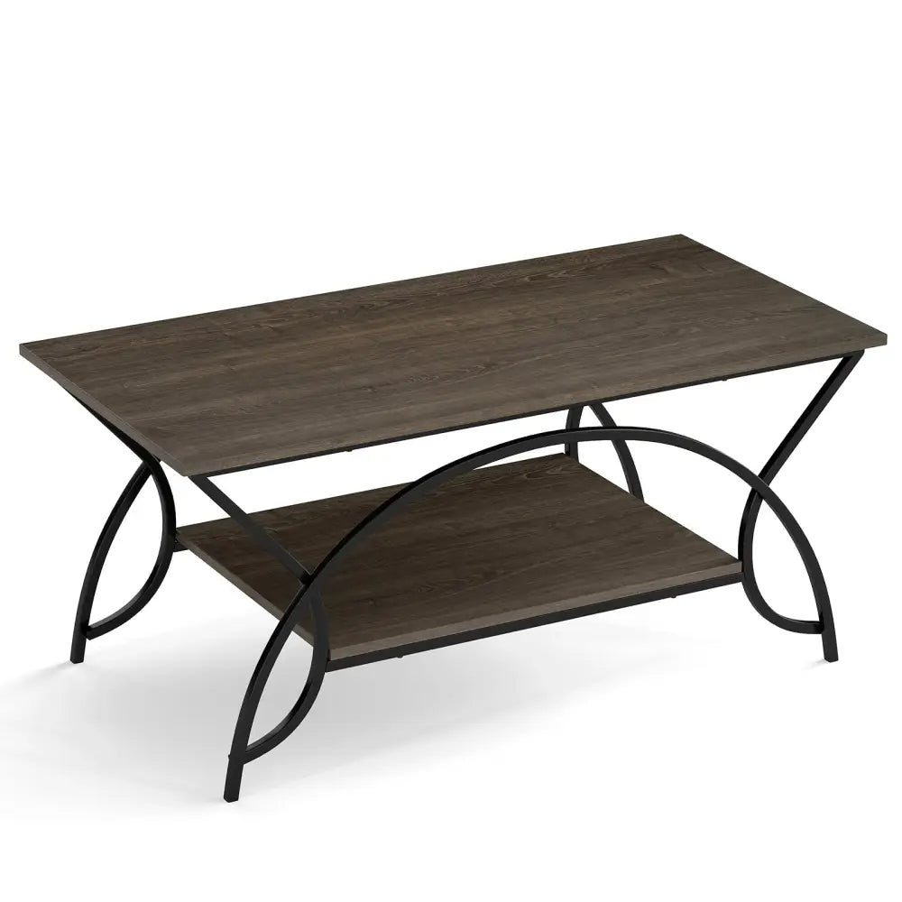 2-Tier Faux Marble Coffee Table with Marble Top and Metal Frame-Oak Costway