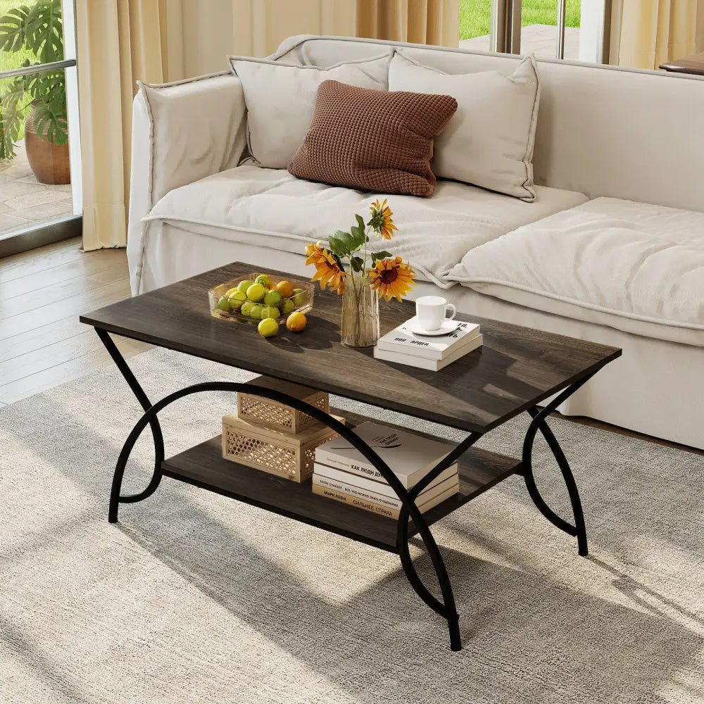 2-Tier Faux Marble Coffee Table with Marble Top and Metal Frame-Oak Costway