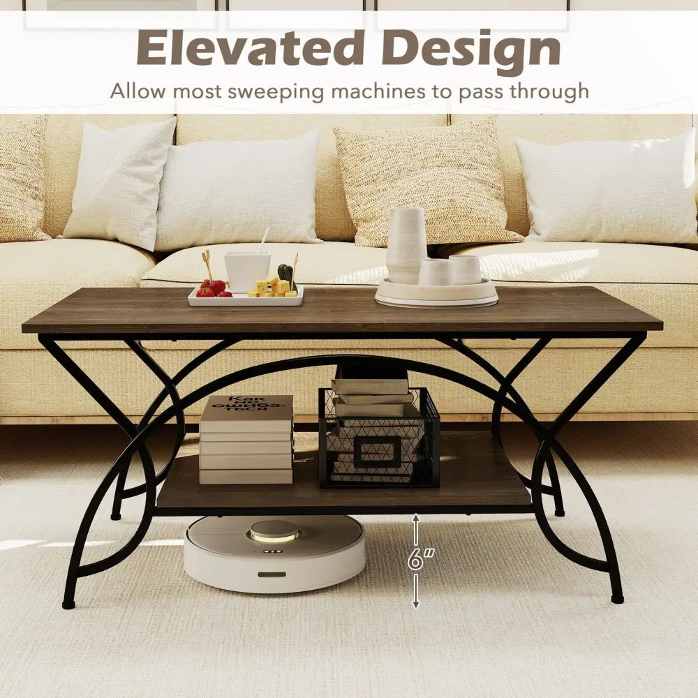 2-Tier Faux Marble Coffee Table with Marble Top and Metal Frame-Oak Costway