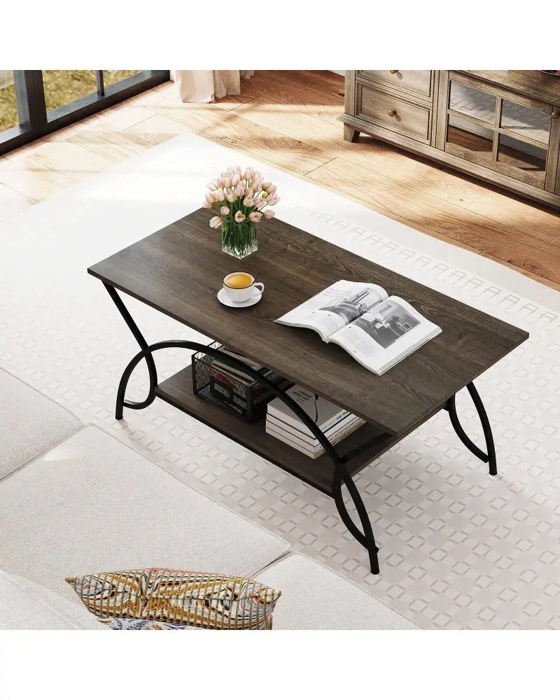 2-Tier Faux Marble Coffee Table with Marble Top and Metal Frame-Oak - Oak - Coffee Tables