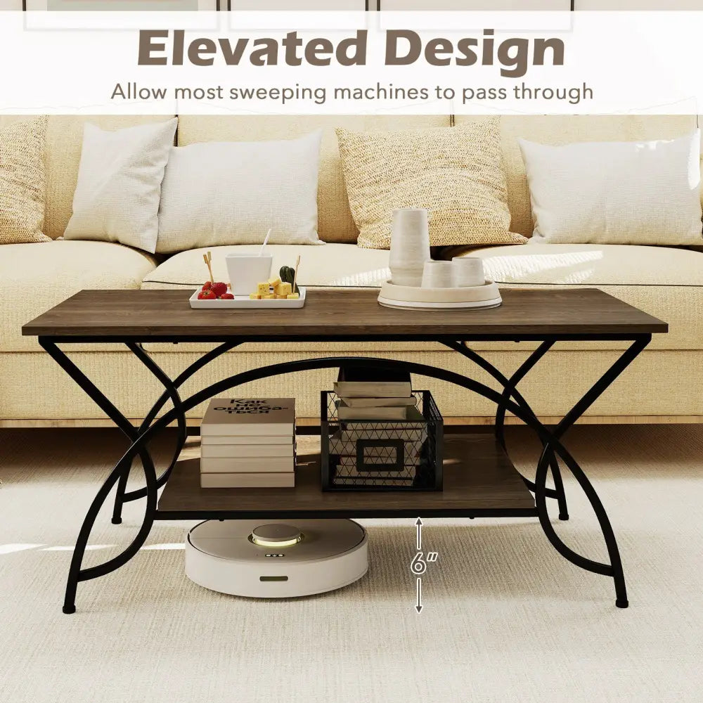 2-Tier Faux Marble Coffee Table with Marble Top and Metal Frame-Oak - Oak - Coffee Tables