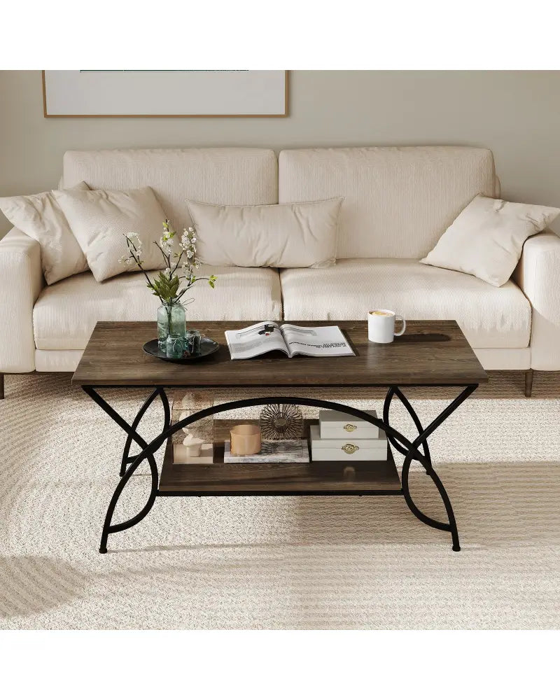 2-Tier Faux Marble Coffee Table with Marble Top and Metal Frame-Oak - Oak - Coffee Tables