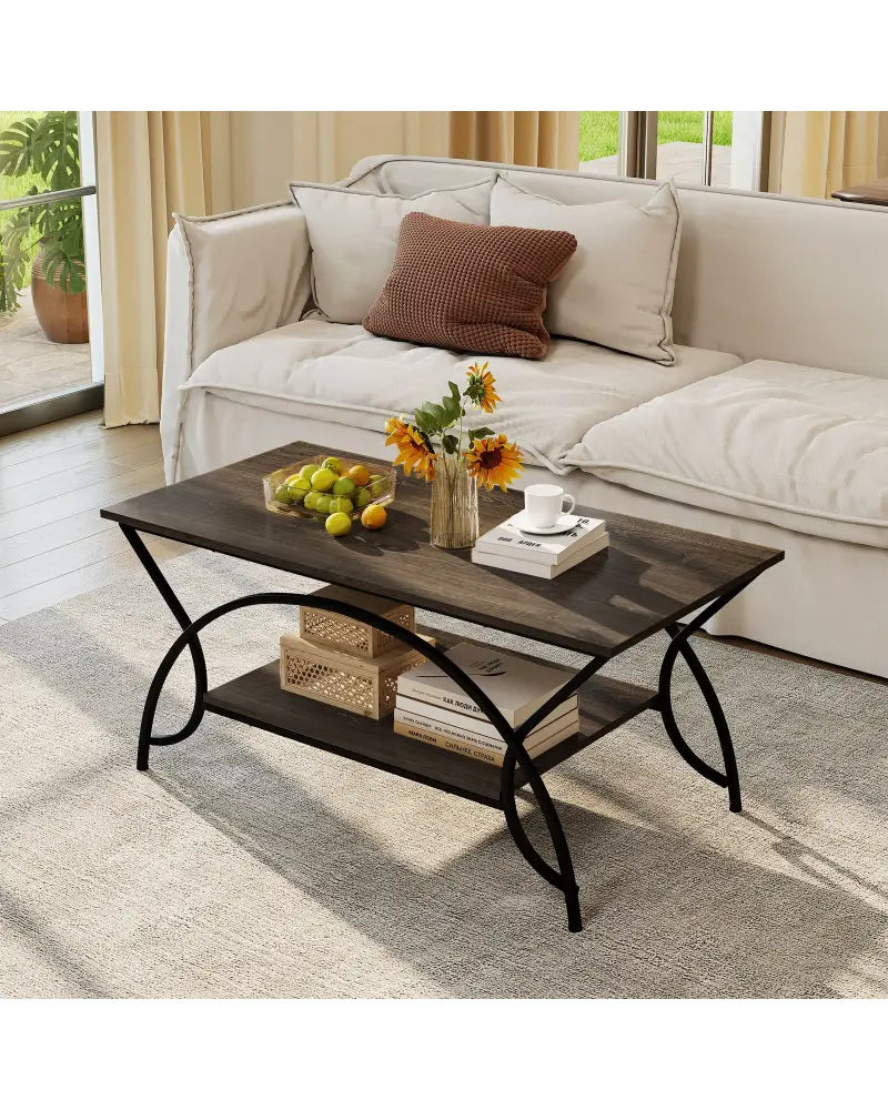 2-Tier Faux Marble Coffee Table with Marble Top and Metal Frame-Oak - Oak - Coffee Tables