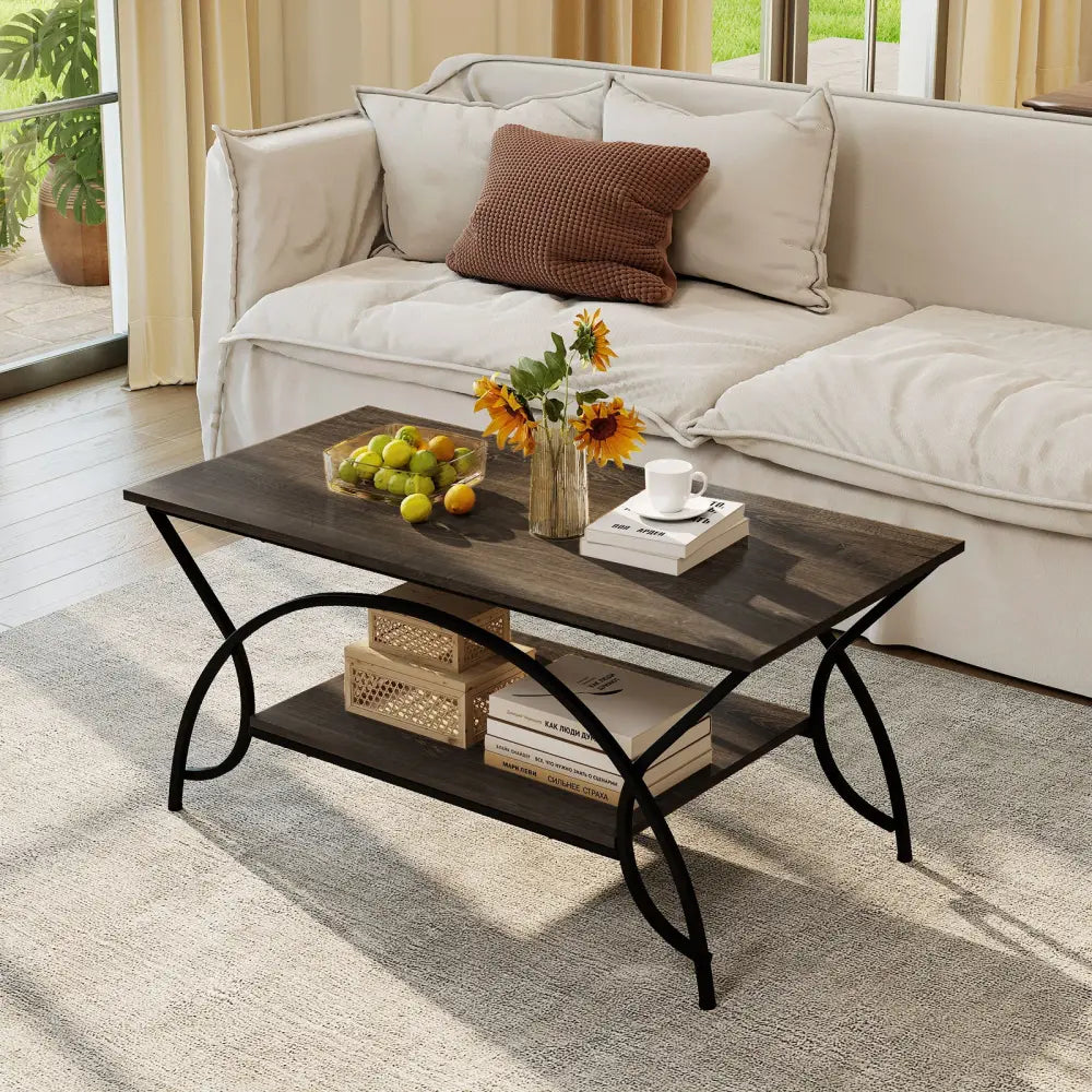 2-Tier Faux Marble Coffee Table with Marble Top and Metal Frame-Oak - Oak - Coffee Tables