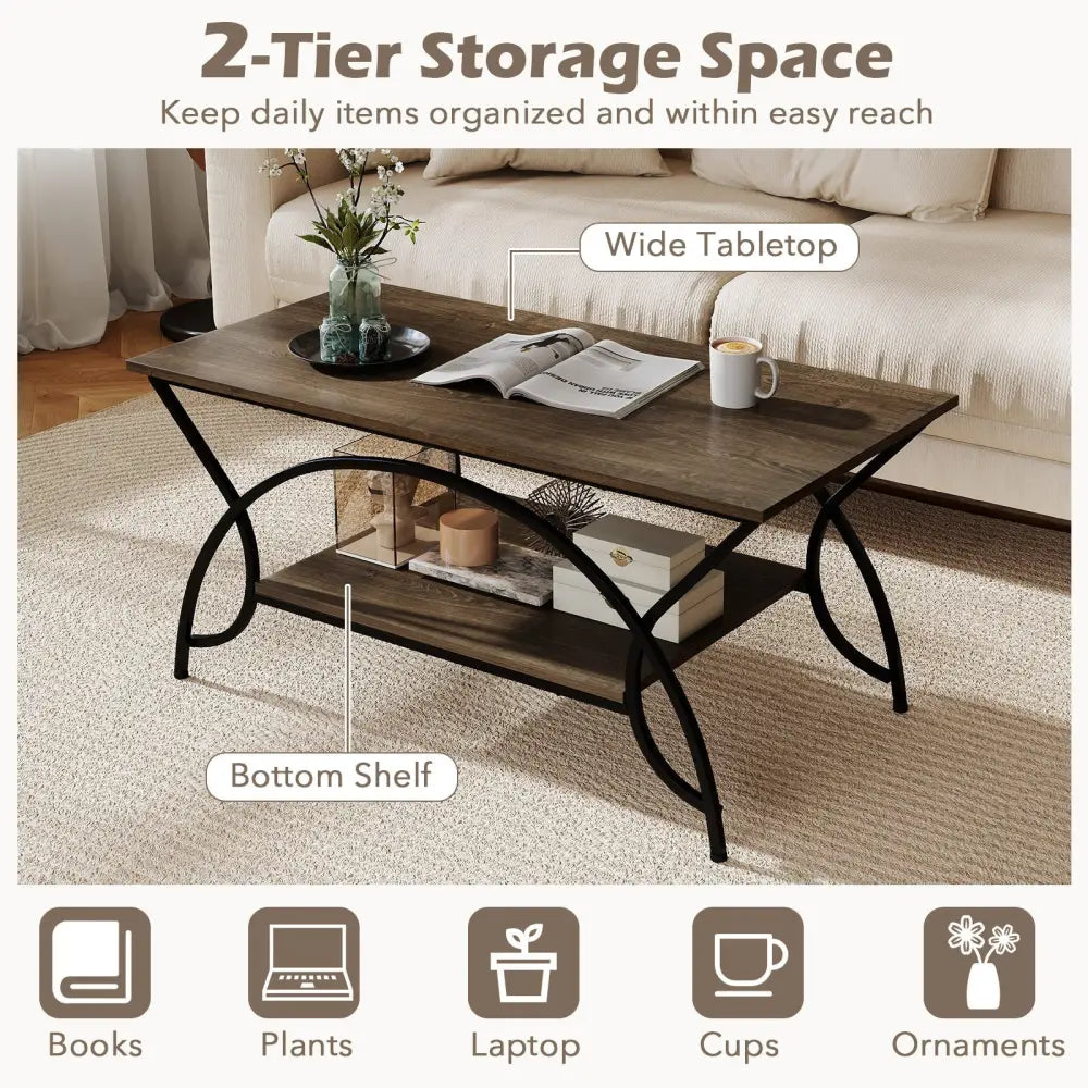 2-Tier Faux Marble Coffee Table with Marble Top and Metal Frame-Oak Costway