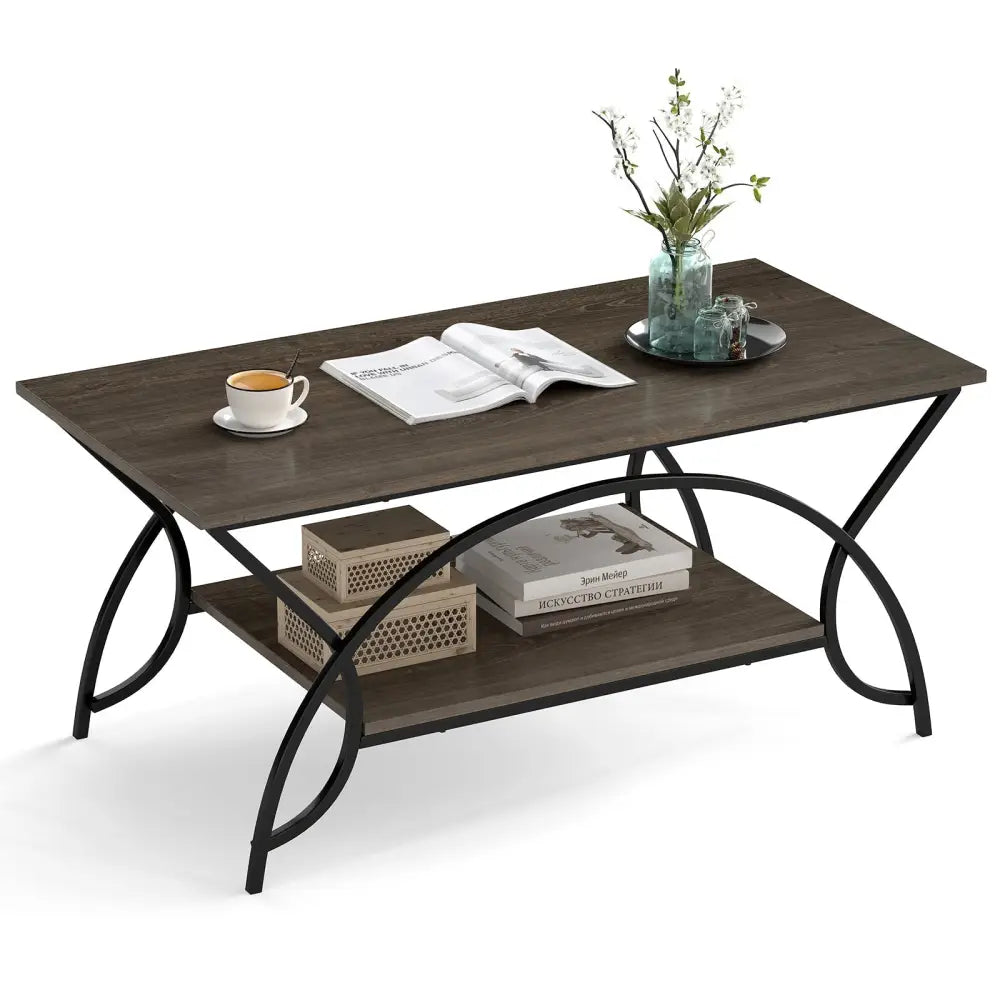 2-Tier Faux Marble Coffee Table with Marble Top and Metal Frame-Oak Costway