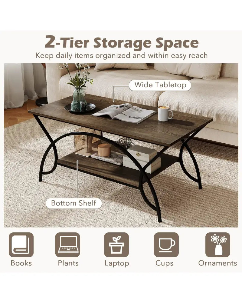 2-Tier Faux Marble Coffee Table with Marble Top and Metal Frame-Oak - Oak - Coffee Tables