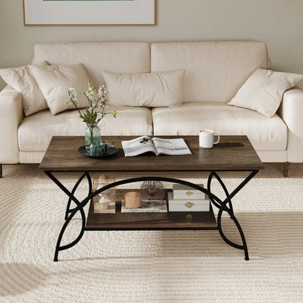 2-Tier Faux Marble Coffee Table with Marble Top and Metal Frame-Oak Costway