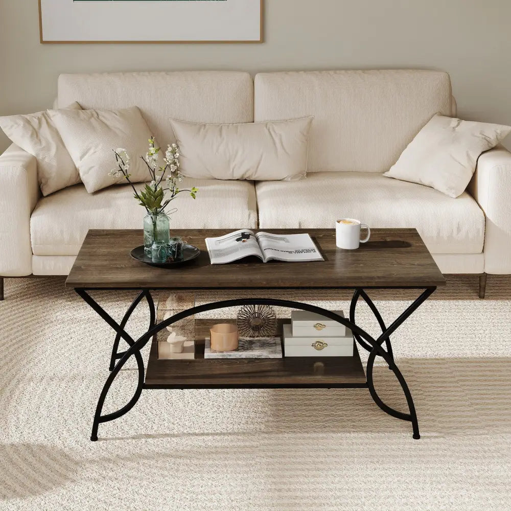 2-Tier Faux Marble Coffee Table with Marble Top and Metal Frame-Oak Costway