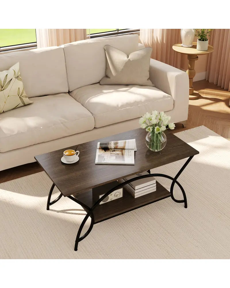 2-Tier Faux Marble Coffee Table with Marble Top and Metal Frame-Oak - Oak - Coffee Tables