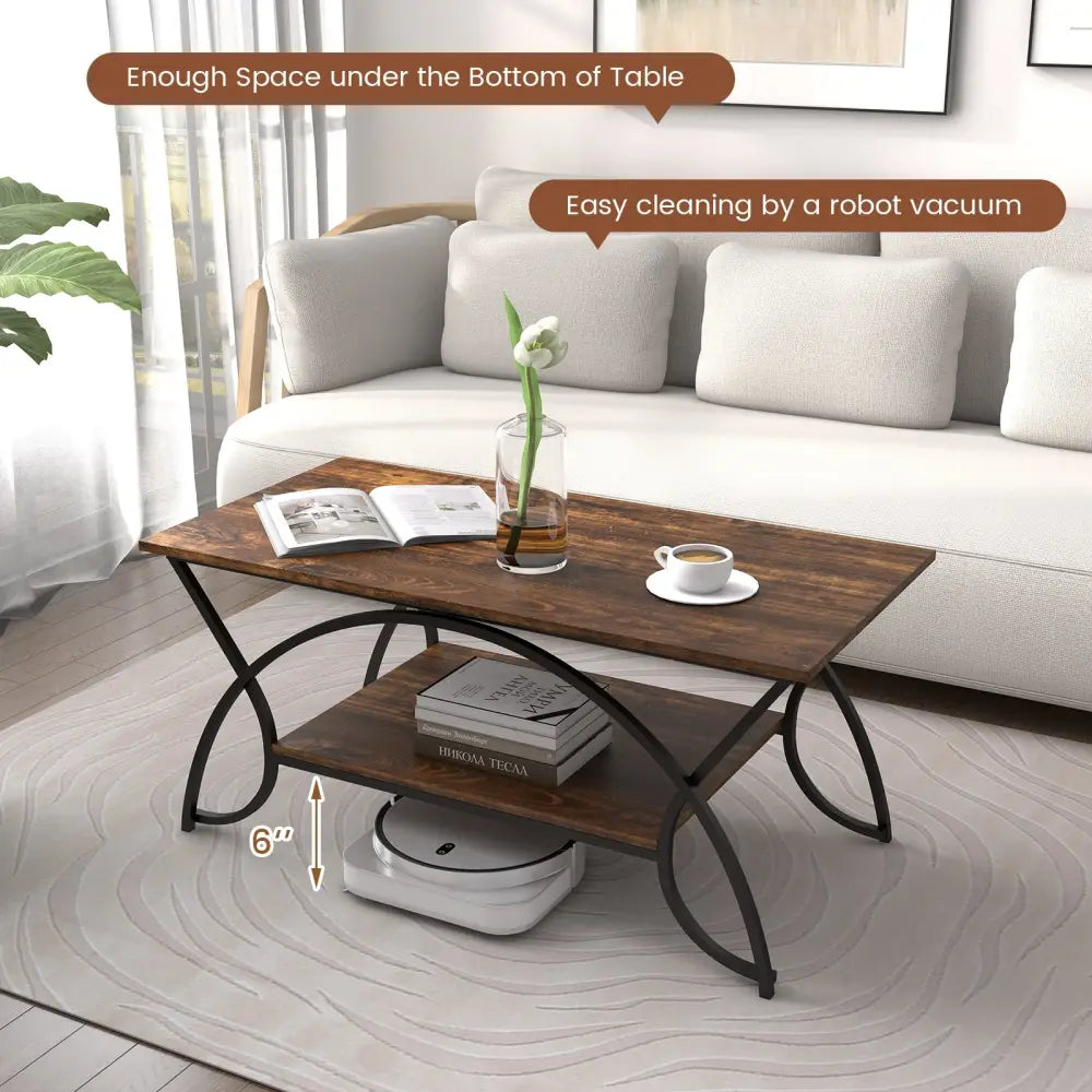 2-Tier Faux Marble Coffee Table with Marble Top and Metal Frame-Rustic Brown - Rustic Brown - Coffee Tables