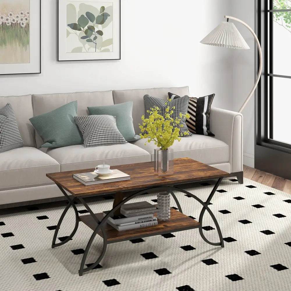 2-Tier Faux Marble Coffee Table with Marble Top and Metal Frame-Rustic Brown - Rustic Brown - Coffee Tables