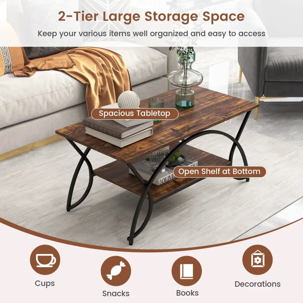2-Tier Faux Marble Coffee Table with Marble Top and Metal Frame-Rustic Brown - Rustic Brown - Coffee Tables