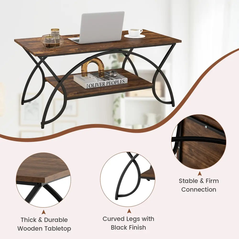 2-Tier Faux Marble Coffee Table with Marble Top and Metal Frame-Rustic Brown - Rustic Brown - Coffee Tables