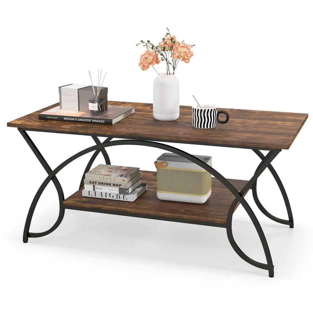 2-Tier Faux Marble Coffee Table with Marble Top and Metal Frame-Rustic Brown - Rustic Brown - Coffee Tables