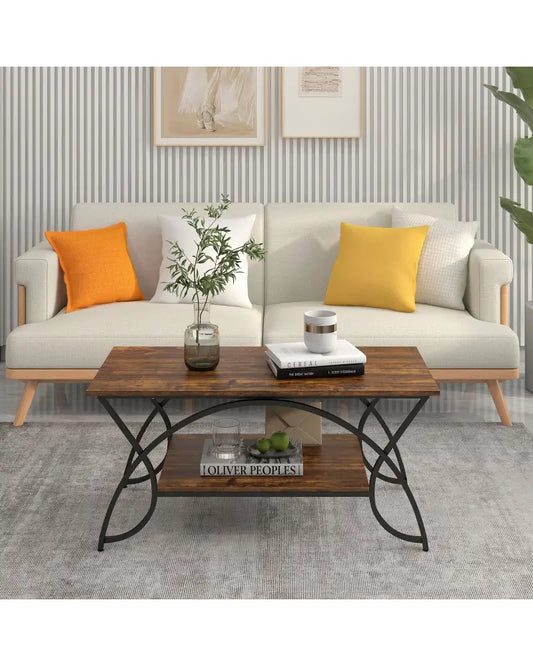 2-Tier Faux Marble Coffee Table with Marble Top and Metal Frame-Rustic Brown - Rustic Brown - Coffee Tables