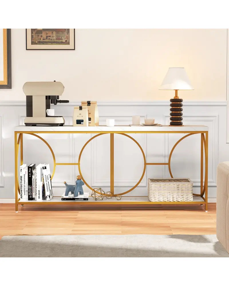2-Tier Faux Marble Top Console Table with Storage Shelf-White - White - Console Tables