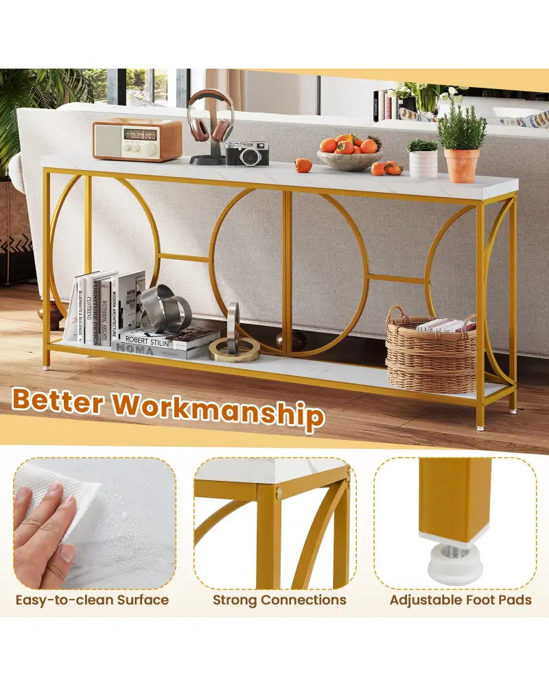 2-Tier Faux Marble Top Console Table with Storage Shelf-White - White - Console Tables