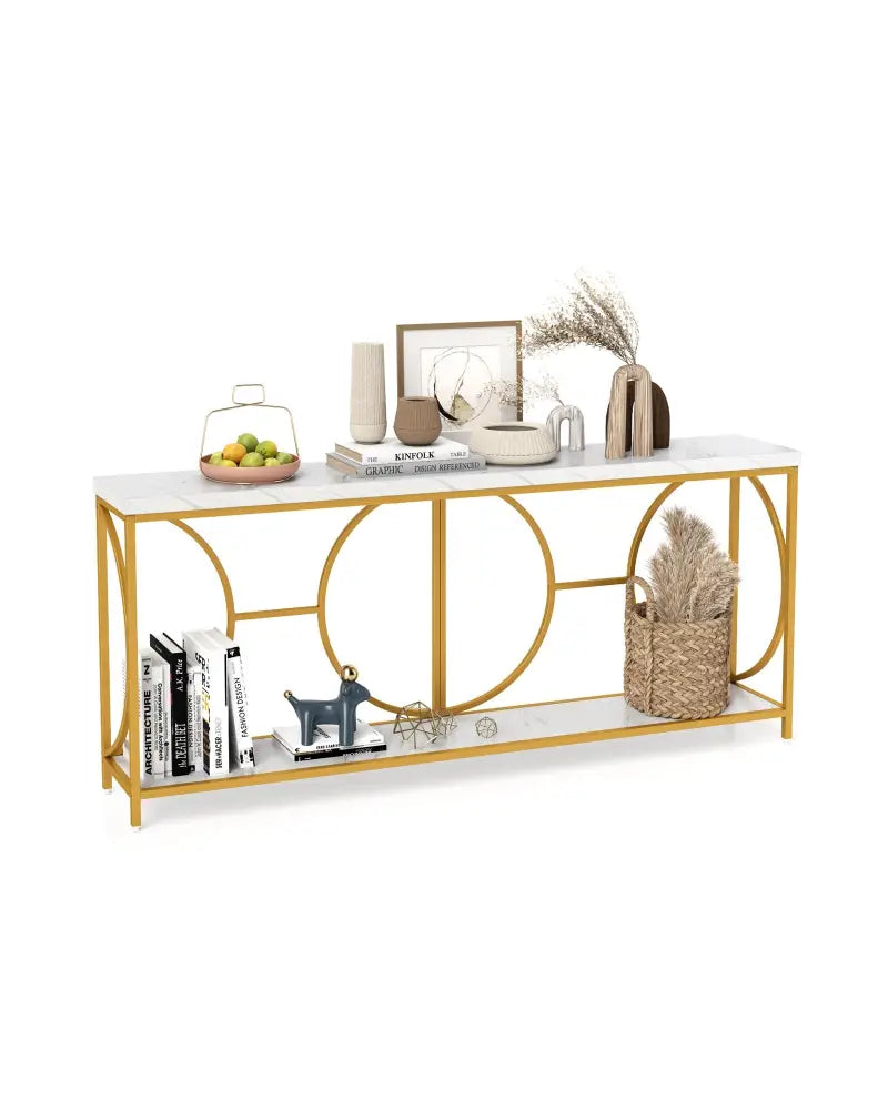 2-Tier Faux Marble Top Console Table with Storage Shelf-White - White - Console Tables