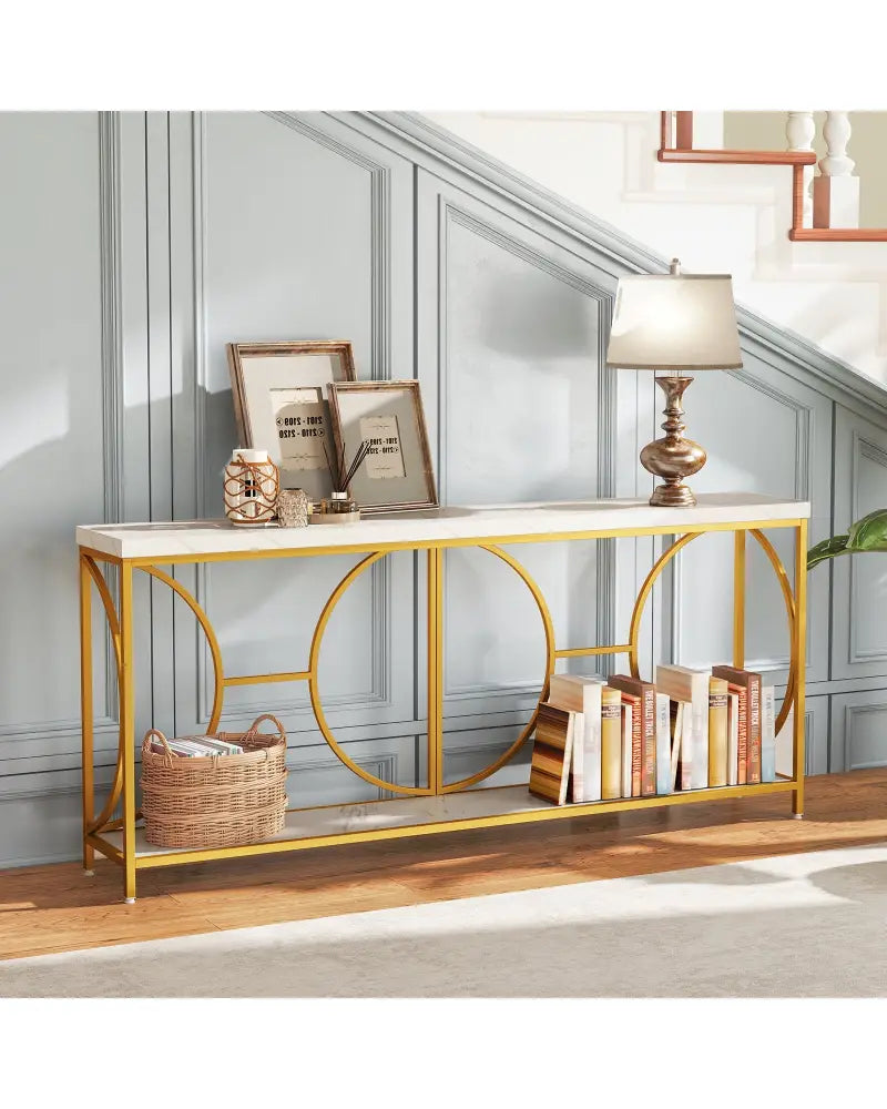 2-Tier Faux Marble Top Console Table with Storage Shelf-White - White - Console Tables