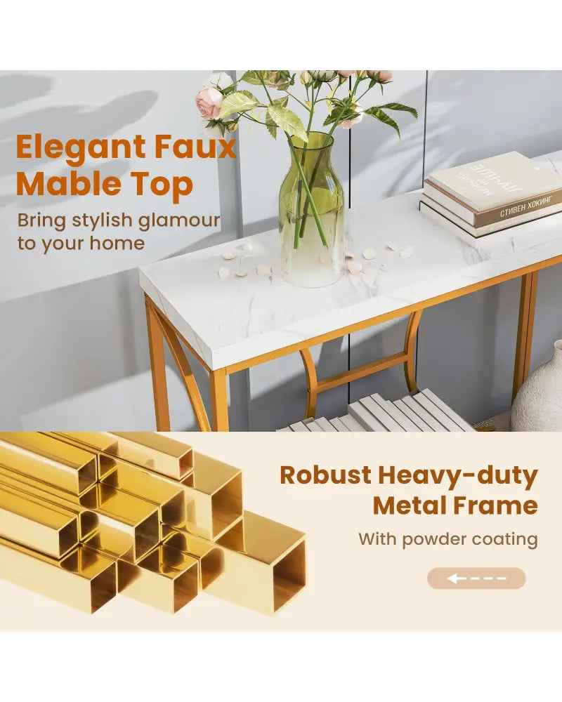 2-Tier Faux Marble Top Console Table with Storage Shelf-White - White - Console Tables