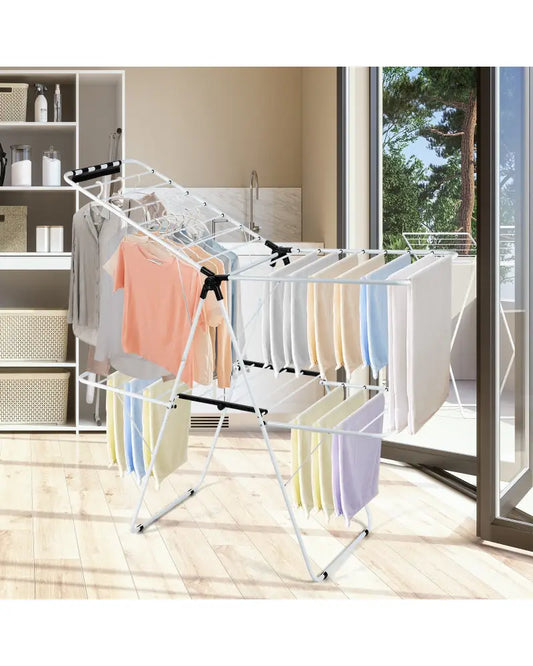 2-Tier Foldable Clothes Drying Rack with Adjustable Gullwing - White - Drying Racks