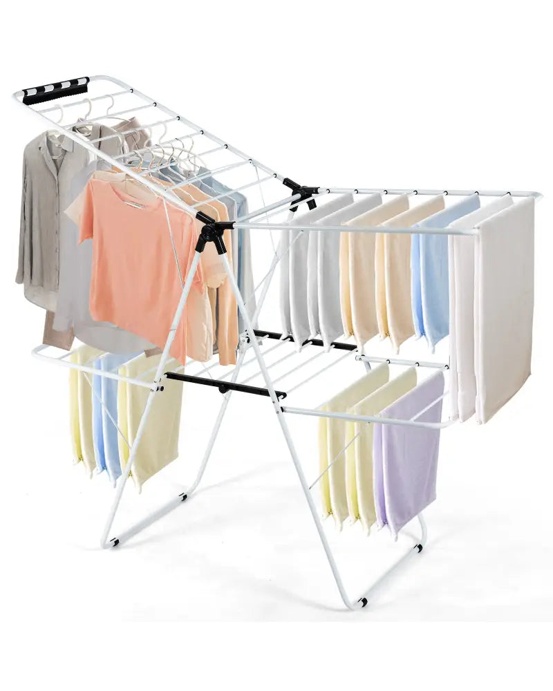 2-Tier Foldable Clothes Drying Rack with Adjustable Gullwing - White - Drying Racks