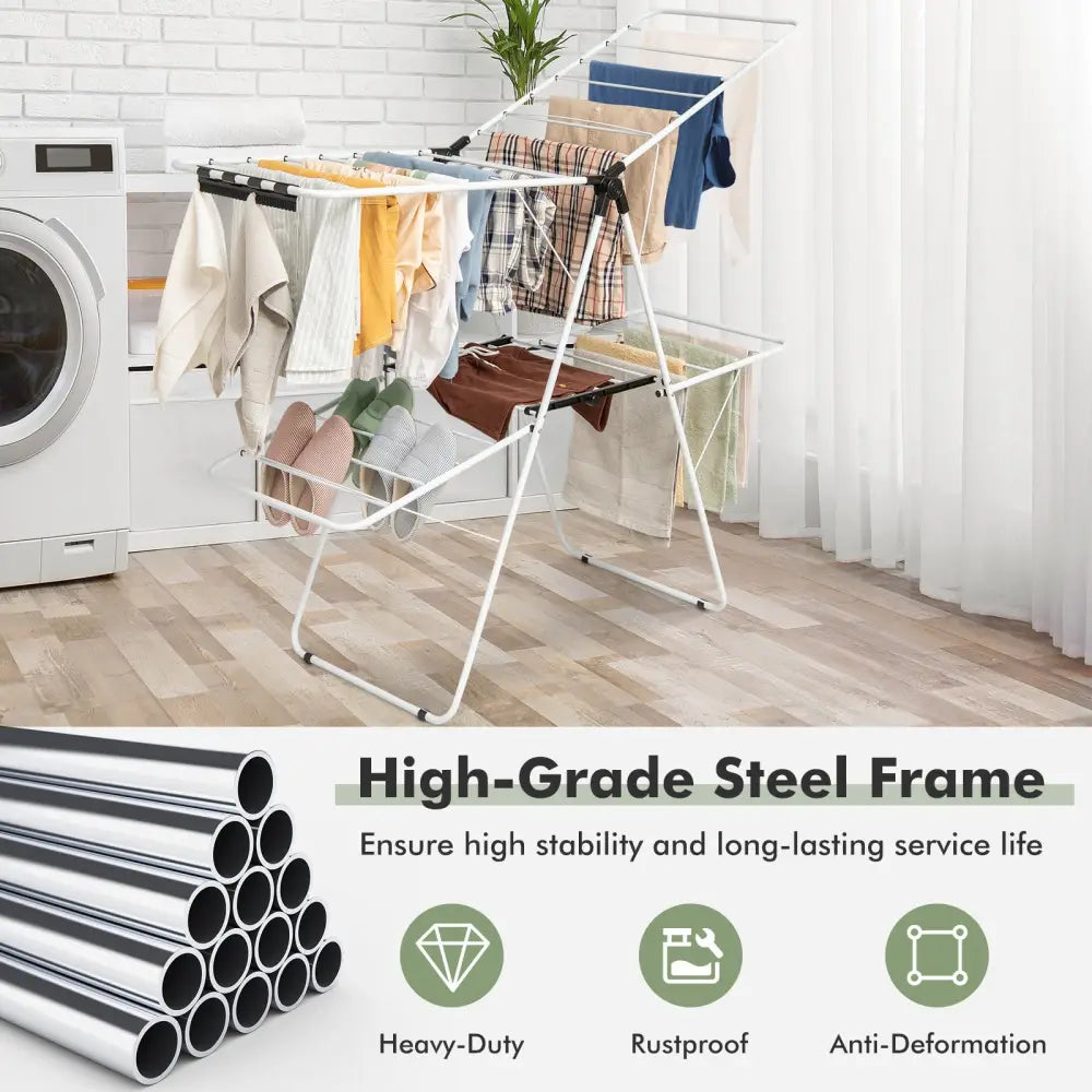2-Tier Foldable Clothes Drying Rack with Adjustable Gullwing - White - Drying Racks