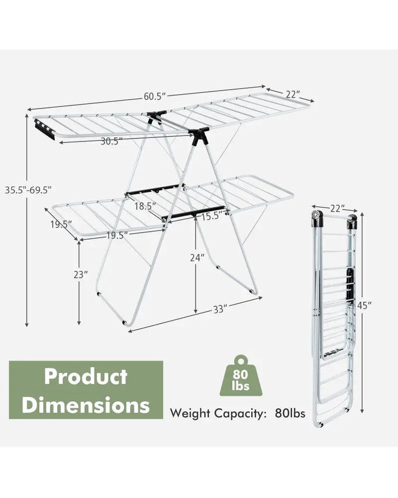 2-Tier Foldable Clothes Drying Rack with Adjustable Gullwing - White - Drying Racks